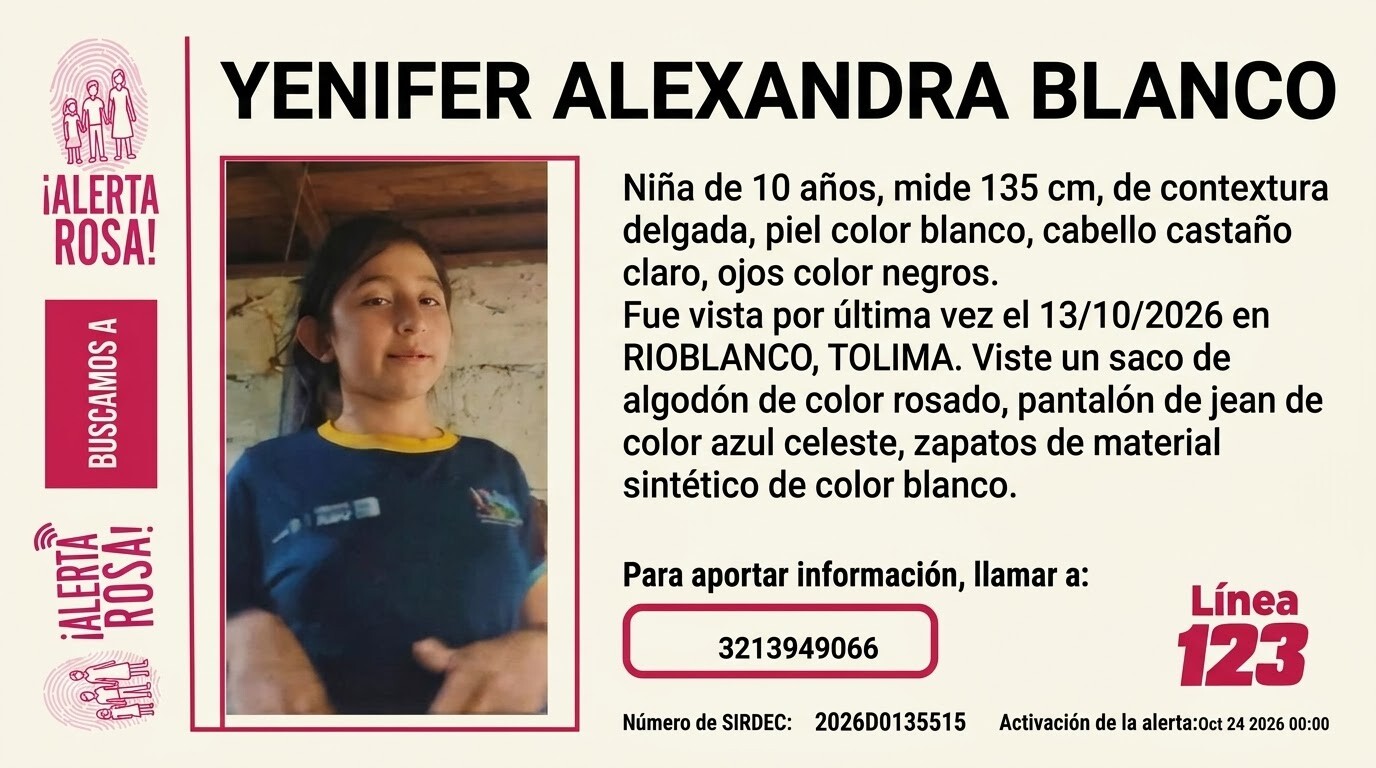 ¿Dónde está Yenifer? Buscan a niña de 10 años desaparecida en Tolima