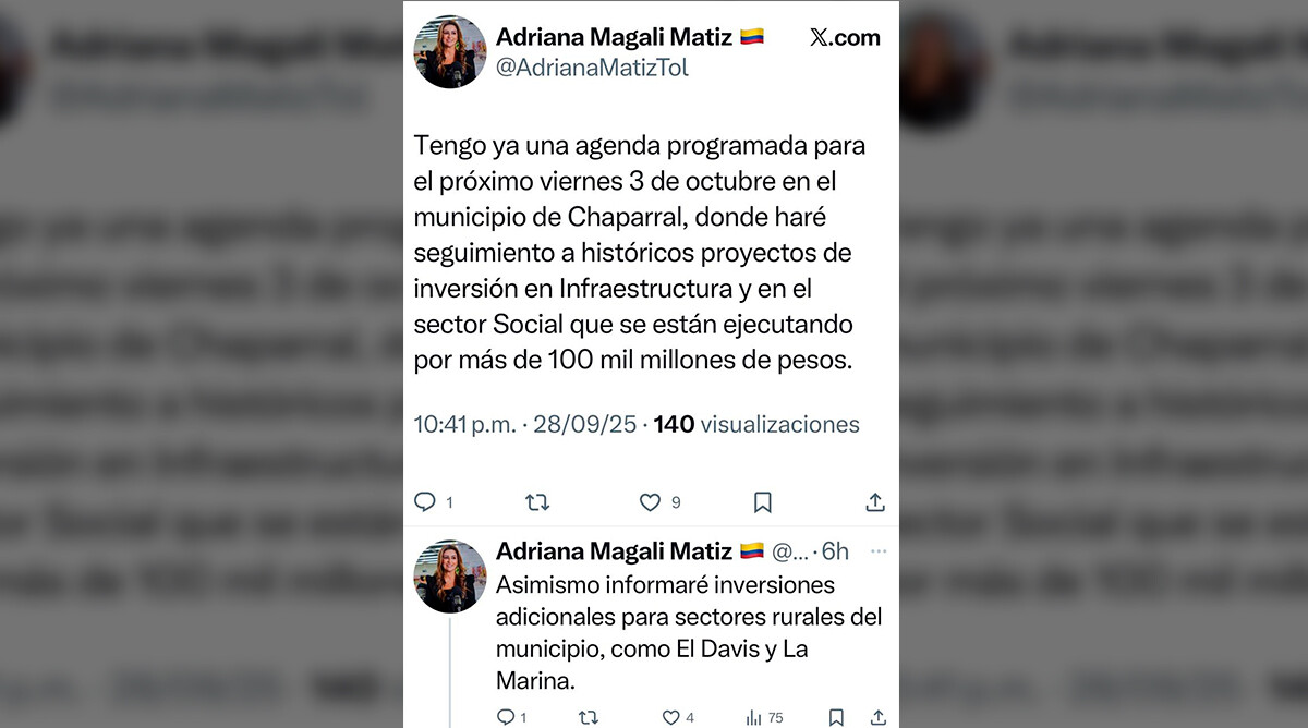 Adriana Matiz seguirá proyectos en Chaparral y se declara disponible ante visita presidencial