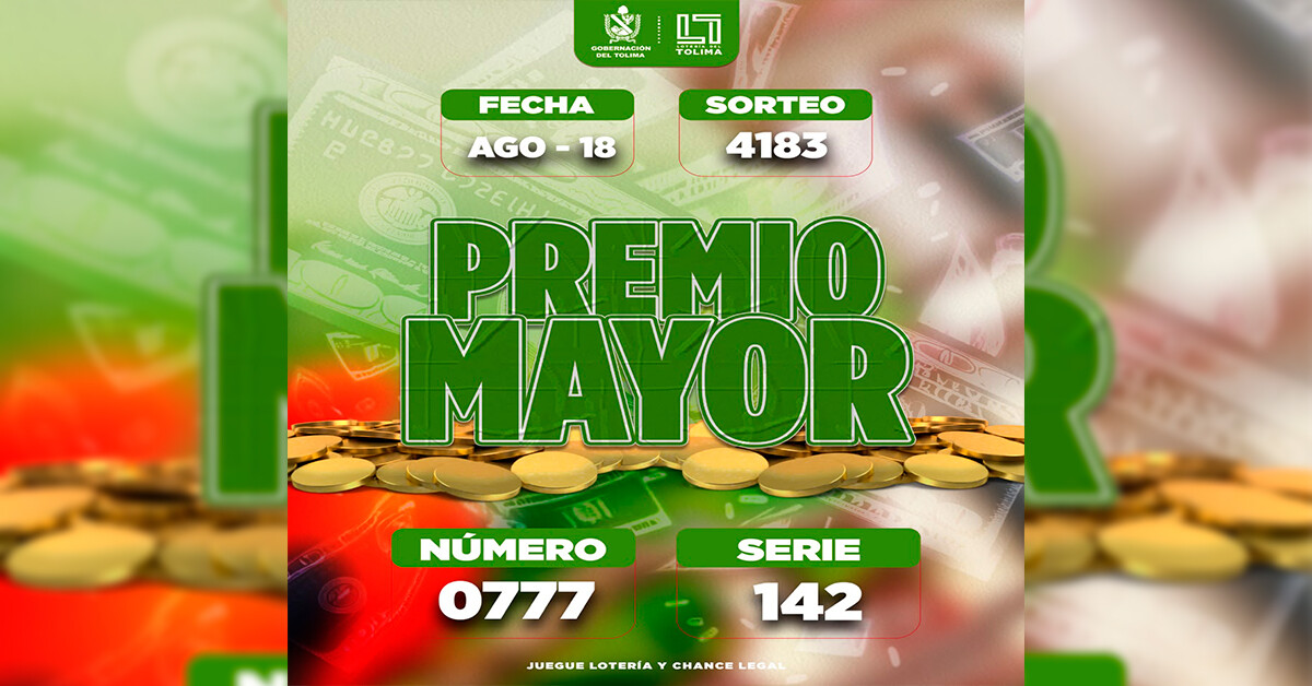 Resultados 18 de agosto 2026 del Sorteo 4183 de la Lotería del Tolima