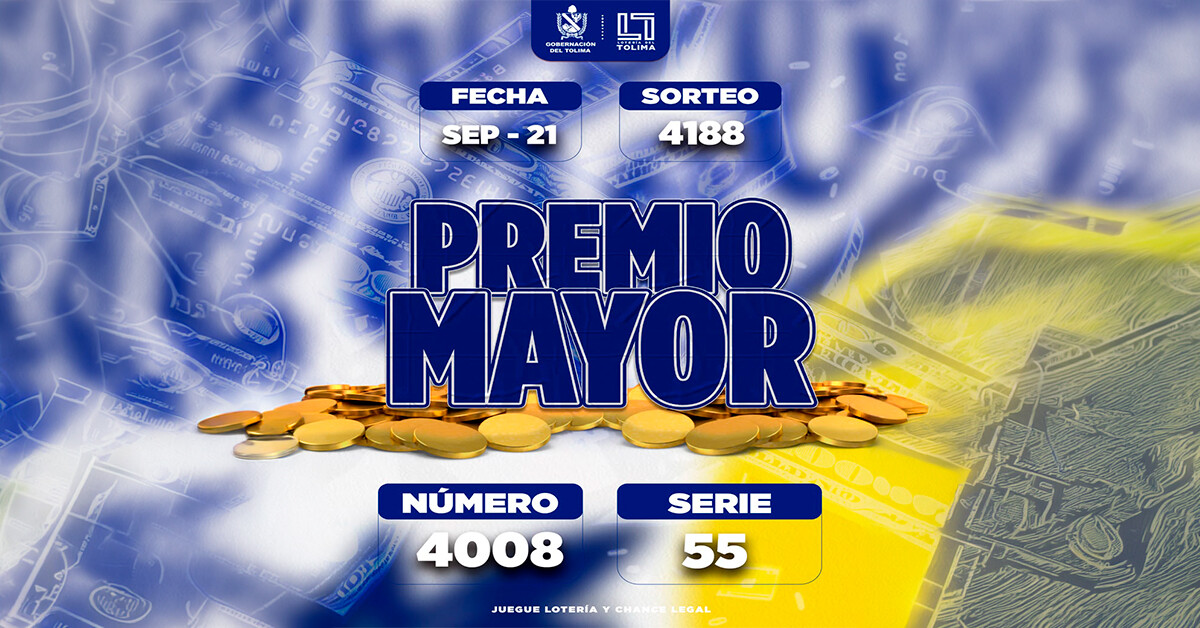 Resultados 21 de septiembre 2026 del Sorteo 4188 de la Lotería del Tolima
