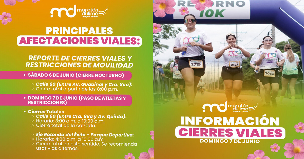 Maratón Dulima obligará a cierres viales en varios sectores de Ibagué