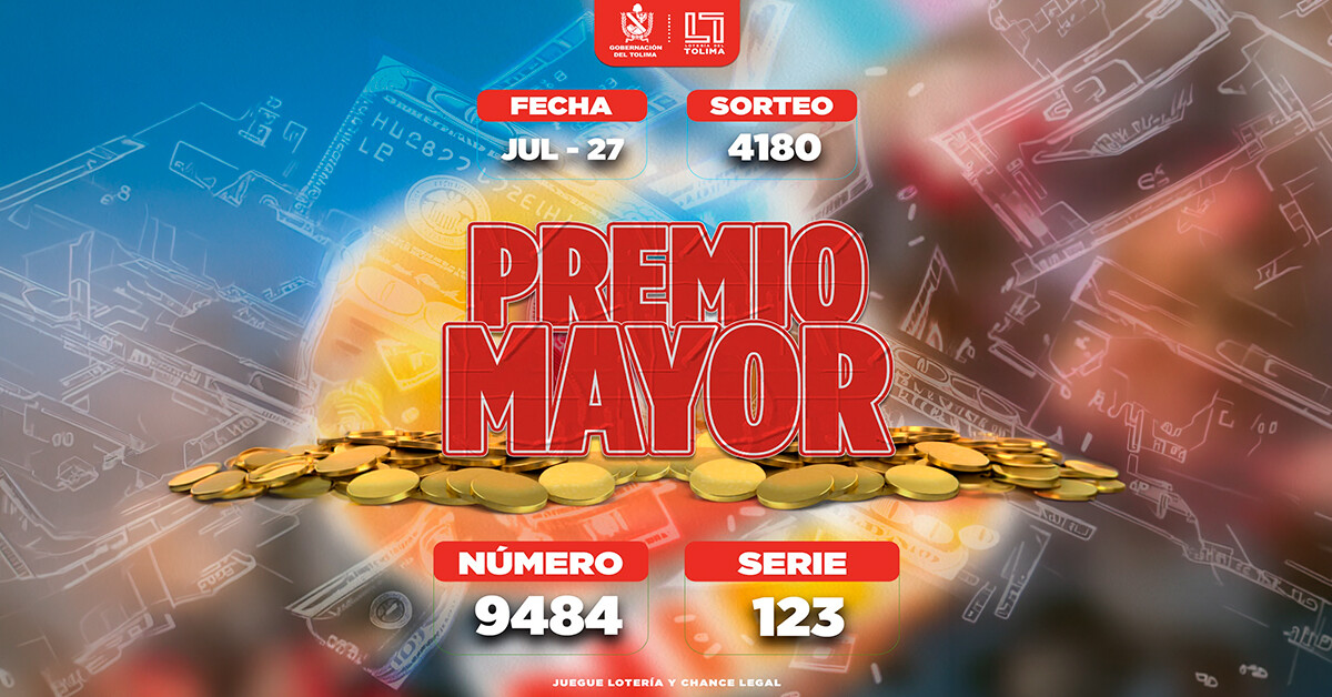 Resultados 27 de julio 2026 del Sorteo 4180 de la Lotería del Tolima