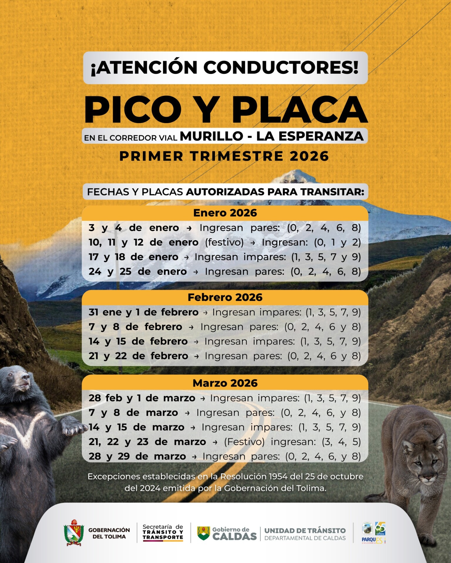 Pico y placa limitará el acceso a Murillo–La Esperanza en 2026