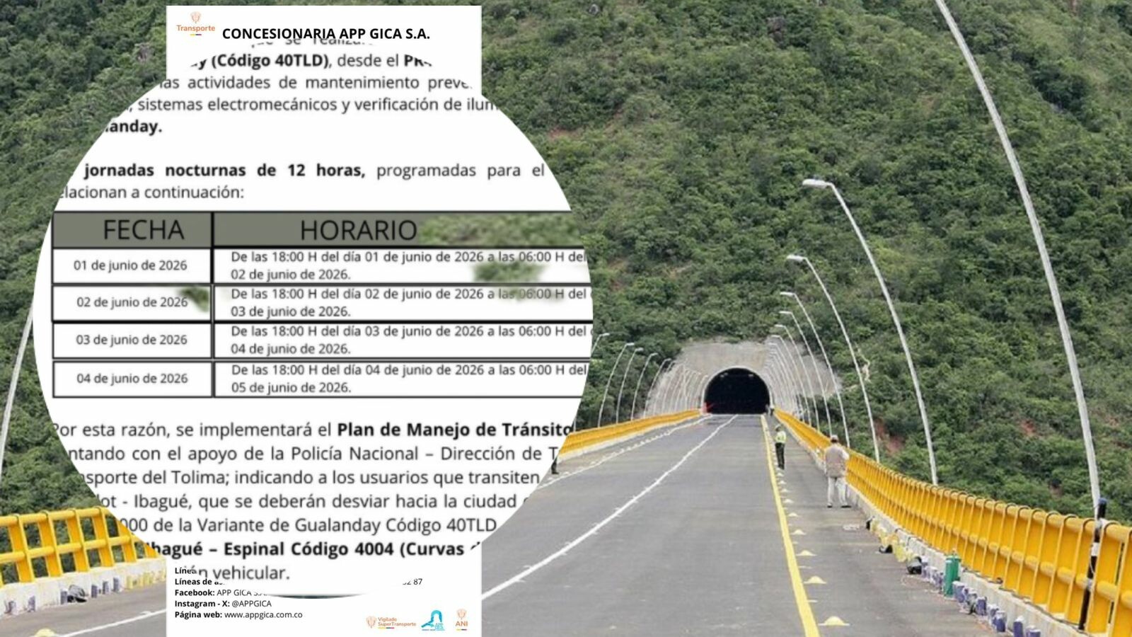Cierres nocturnos en el Túnel de Gualanday por mantenimientos técnicos