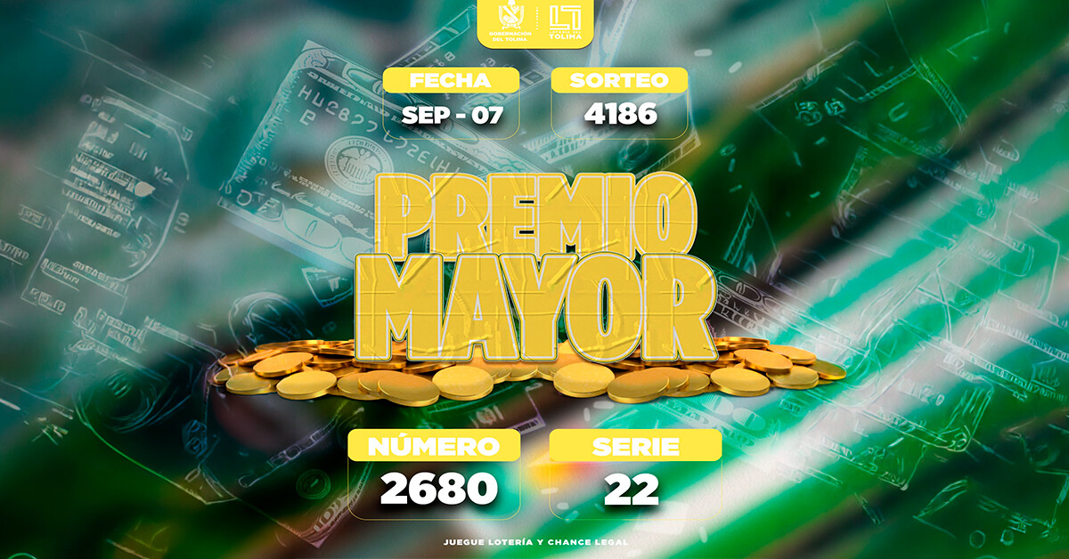 Resultados 7 de septiembre 2026 del Sorteo 4186 de la Lotería del Tolima