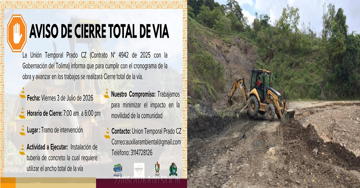 Cierran por nueve horas la vía hacia Tomogó por obras en Prado