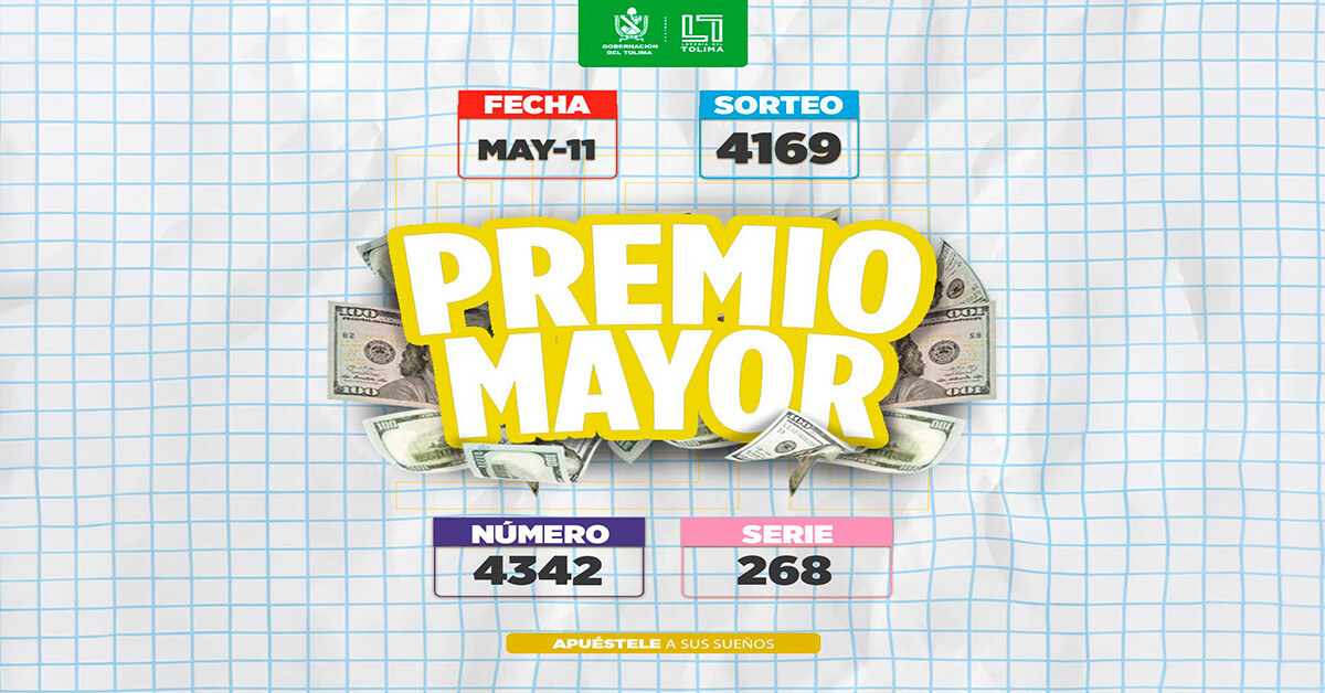 Resultados 11 de mayo 2026 del Sorteo 4169 de la Lotería del Tolima