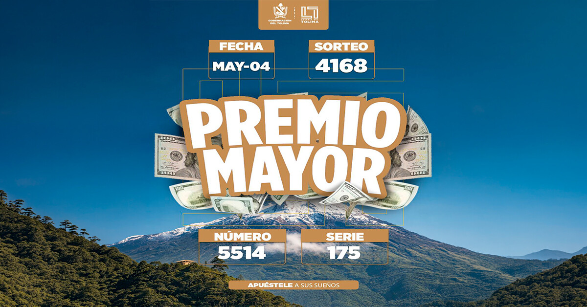 Resultados 4 de mayo 2026 del Sorteo 4168 de la Lotería del Tolima