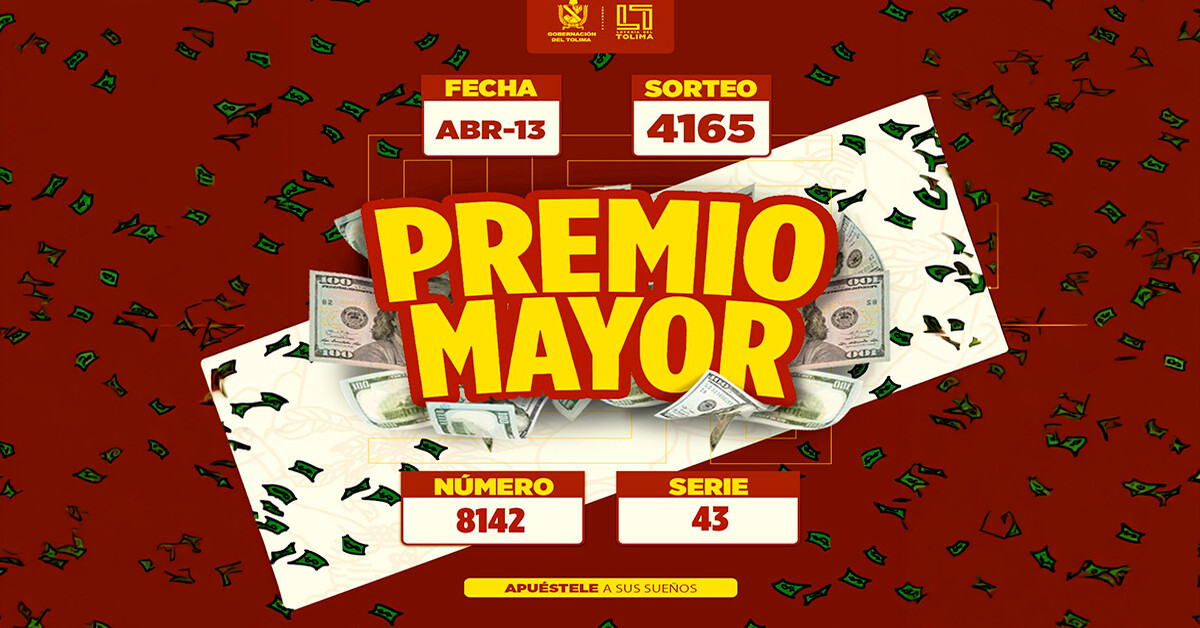 Resultados lunes 13 de abril 2026 del Sorteo 4165 de la Lotería del Tolima