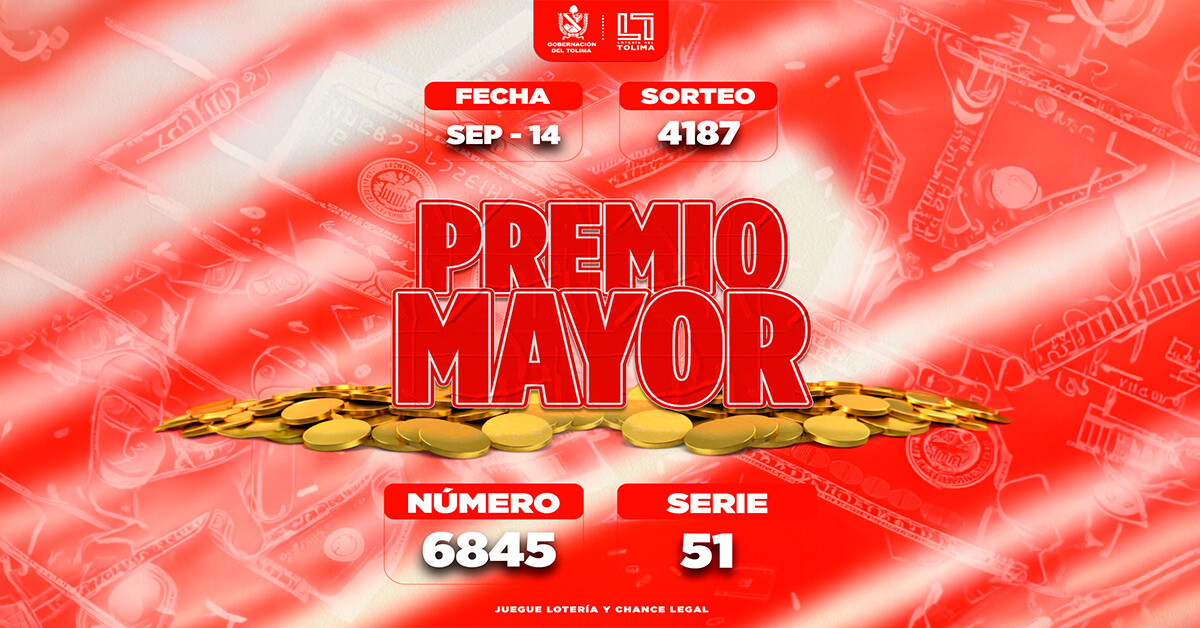 Resultados 14 de septiembre 2026 del Sorteo 4187 de la Lotería del Tolima