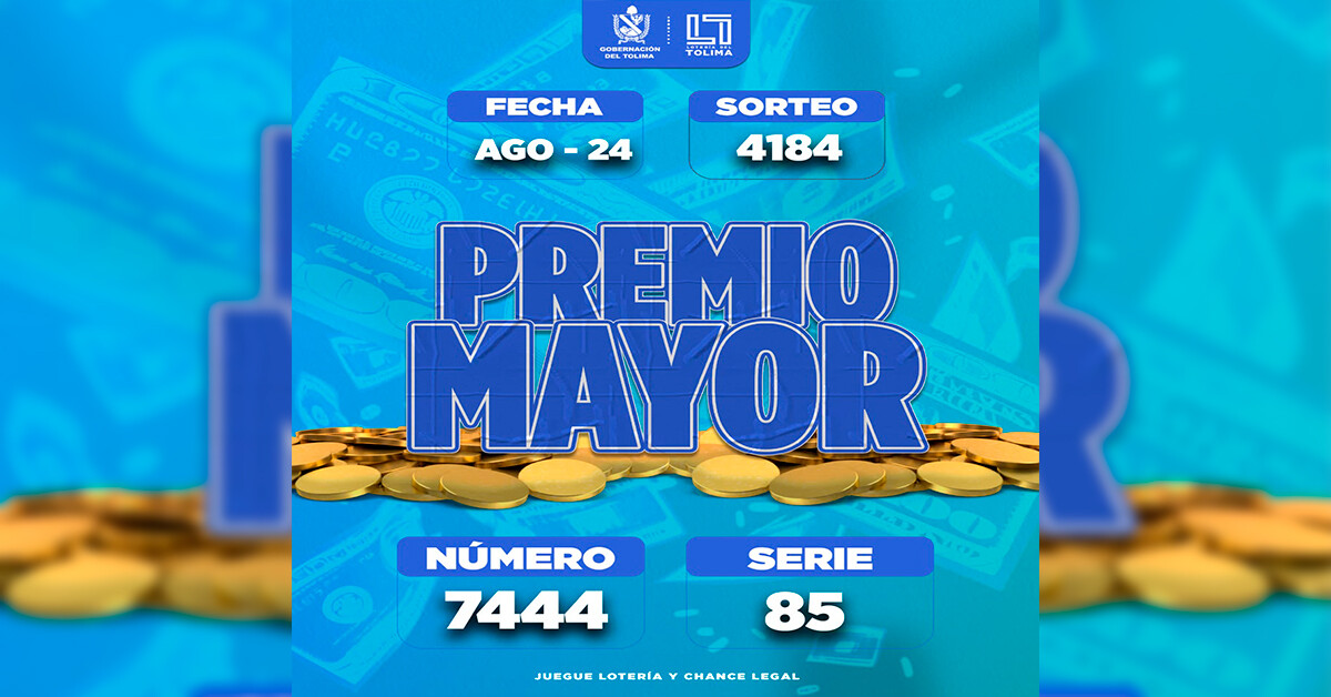 Resultados 24 de agosto 2026 del Sorteo 4184 de la Lotería del Tolima